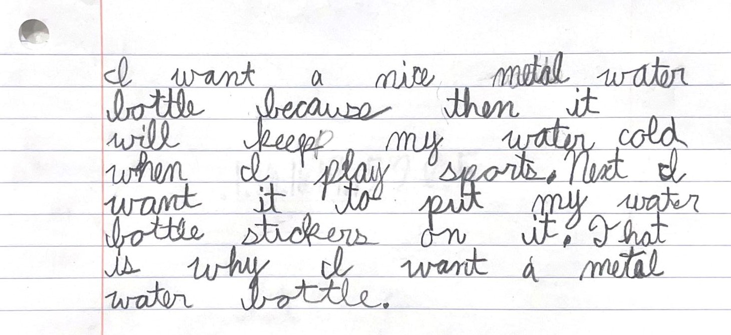 letter written by child about whey she should be allowed to purchase a waterbottle